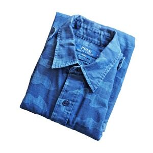 Polo Ralph Lauren Indigo Shirt Mens Medium Military Shipyard Blue Camo Epaulette